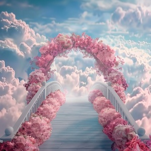 现场写真拍摄：s.mj.runYSGbTI4AC4o a bridge to the clouds, the bridge is covered with pink roses. cartoon realistic style, animated 电影大片的宏大场景，电影大片的色彩艺术效果，电影大片的视觉冲击力，电影大片的震慑力度gif ar 9:16