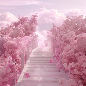 现场写真拍摄：s.mj.runYSGbTI4AC4o a bridge to the clouds, the bridge is covered with pink roses. cartoon realistic style, animated 电影大片的宏大场景，电影大片的色彩艺术效果，电影大片的视觉冲击力，电影大片的震慑力度gif ar 9:16