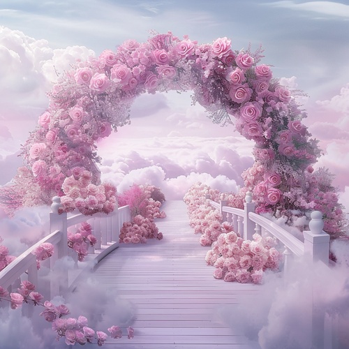 现场写真拍摄：s.mj.runYSGbTI4AC4o a bridge to the clouds, the bridge is covered with pink roses. cartoon realistic style, animated 电影大片的宏大场景，电影大片的色彩艺术效果，电影大片的视觉冲击力，电影大片的震慑力度gif ar 9:16