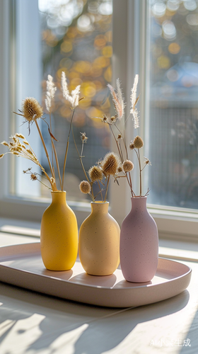 Small Yellow and Pink Vases with Dried Flowers on Open Tray in Front of Flat Screen TV