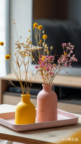 Small Yellow and Pink Vases with Dried Flowers on Open Tray in Front of Flat Screen TV