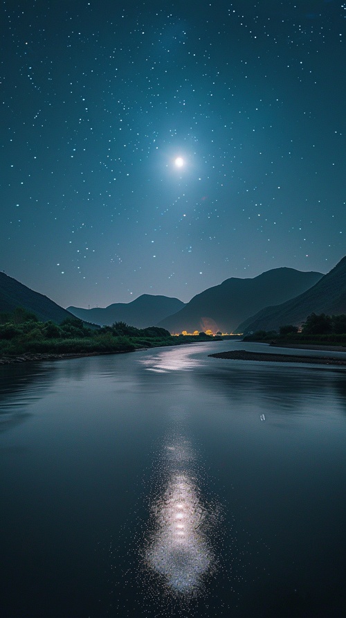 天空中星光闪烁，巨大无比的月亮，其倒影在河流之上，空旷的夜晚，远处是绵绵不断的山影，高分辨率的特写！高清拍摄