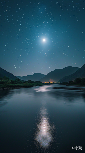 星光闪烁，巨大无比的月亮与山影特写