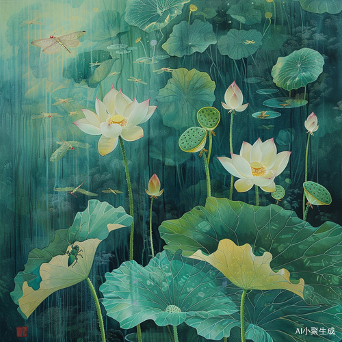 国风夏夜，绿叶荷花，青蛙鸣叫