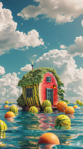 Fantasy Watermelon House: A Cute Minimalist Asian Painting Style with Ethereal Landscapes