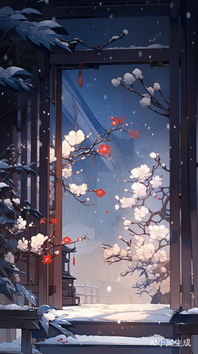 中国风水墨冬夜：大雪中的枯萎凋落