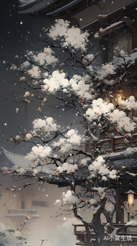 中国风水墨冬夜，大雪中枯萎的叶花