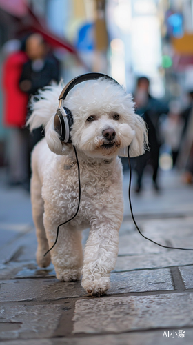 活力四溢的比熊犬在大街上戴着耳机