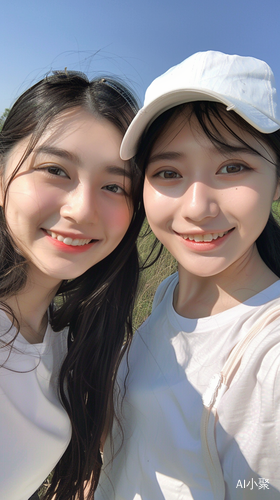 Cute Asian Beauties Taking Selfies on Grassland