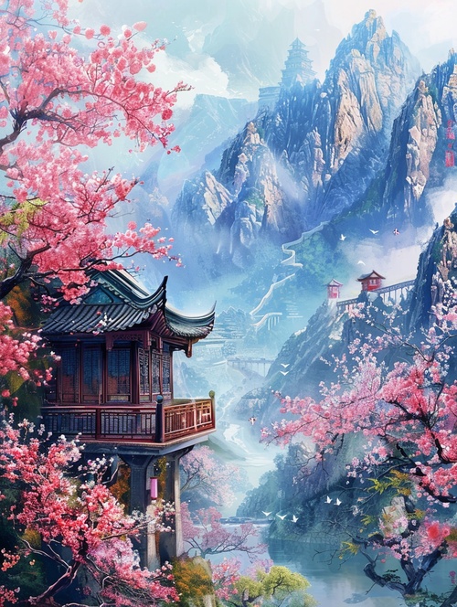 以济南五峰山为背景，画面主题是樱桃，画一幅插画