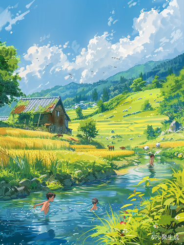 宫崎骏风格儿童插画：河边游戏的梦幻乡村景色