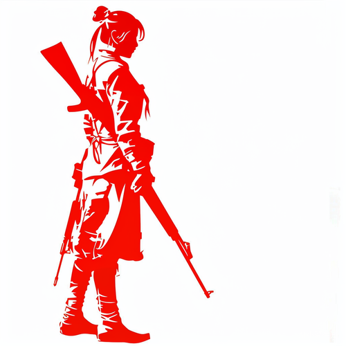 极简中国剪纸进藏女兵平面矢量剪影红色镂空