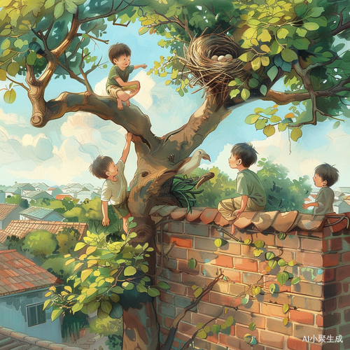 中国男孩攀爬树干够鸟窝蛋，色彩丰富趣味插画
