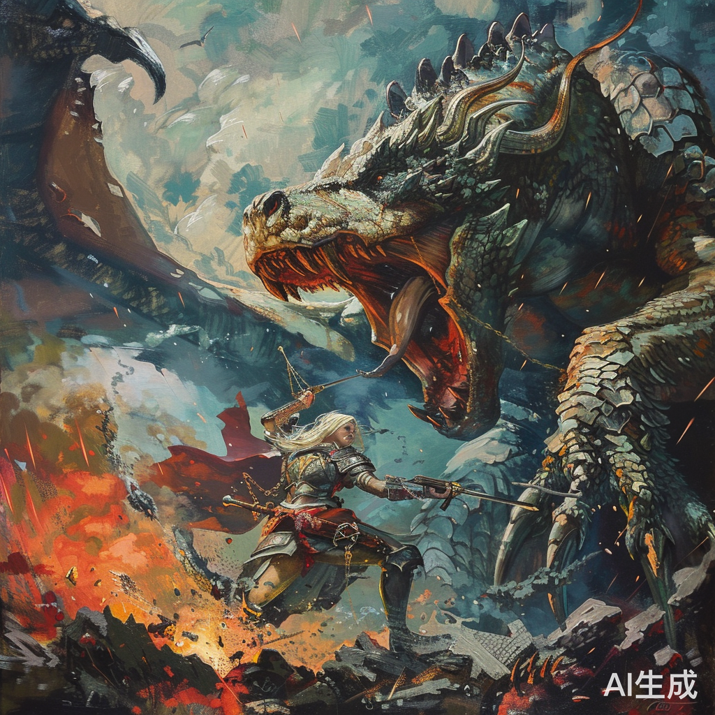 女战士与恶龙的世界末日风格战斗场景