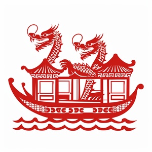 中国剪纸，极简，传统文化，单层，矢量剪影，镂空（中国龙舟），红色（中国龙舟），无阴影，白色背景，