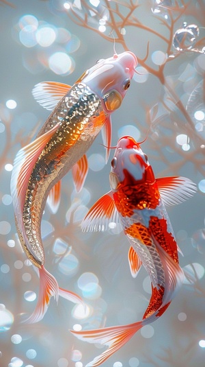 Glitter, Gorgeous and magical natural depth of fieldphotography, Surreal, on the sparkling white water,with two red and gold koi and light pink gems madeof foil, graceful curves, sunlight, spots, reflectivecyan, natural light, photography, real, HD, highdetail, clean, concise, picture quality best