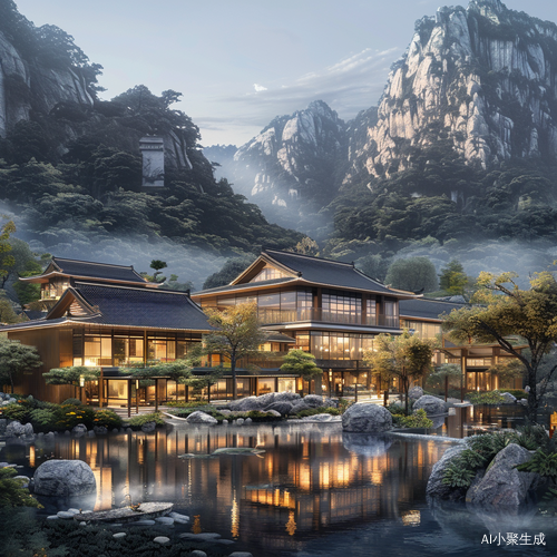 山脉背靠，现代玻璃体量，中式传统建筑的十层酒店