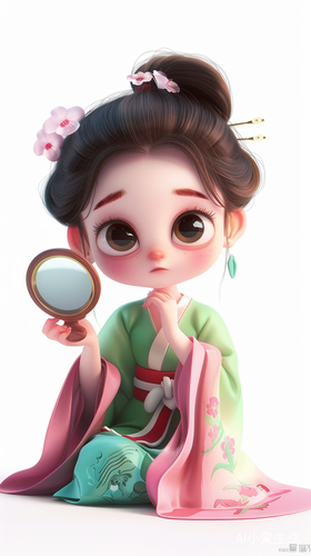 迪士尼风格可爱汉服女孩手持镜子