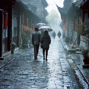 烟雨笼罩的江南，少年情侣慢步在青石板铺垫长街上。版画。