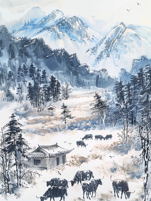 青青草原、牛羊、马，背景雪山、一幅中式山水画，宋韵风格，张大千，泼墨，高清，4K