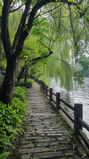 西湖边的人行小道上种满了树和灌木，郁郁葱葱的中国风景，由石瑞，中国风景，中国风格，安静和安详的气氛，古老的中国建筑，梦幻般的中国城镇，美丽的古代园林后面，杭州西湖，在一个宁静的风景，宁静安详，垂柳，周庄古镇，美丽的地方，中国村庄 陈家泠 8K画质