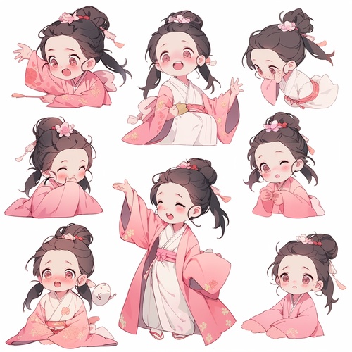 小女孩，精美的粉红汉服，古典精致，全身图，chibi，9种姿势和表情，emoticons[头晕、高兴、生气、哭泣、悲伤、可爱、期待、大笑、失望和害羞、困倦、吃饭、头晕、表达爱意，等]，线条艺术，贴纸艺术，白色背景