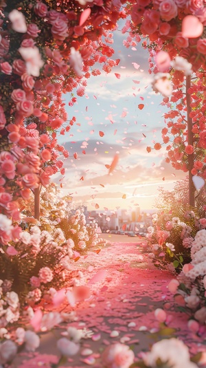 In the evening, real scene shooting 1000 beautiful and romantic pink and white roses glow, beautiful flowers are clearly visible, white and red flowers, fluffy and soft petals, on both sides are many flowers, in the middle is falling luminous petals, sunset sky, far away is the city, refracting pink light, super realistic, super real, photography, magic, fantasy, clear, 8k, ureal, Shot in HD by Hayao Miyazaki. Hd, HD v 5