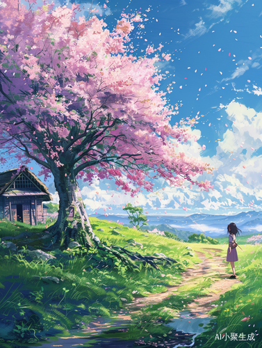 樱花树下的长发女孩