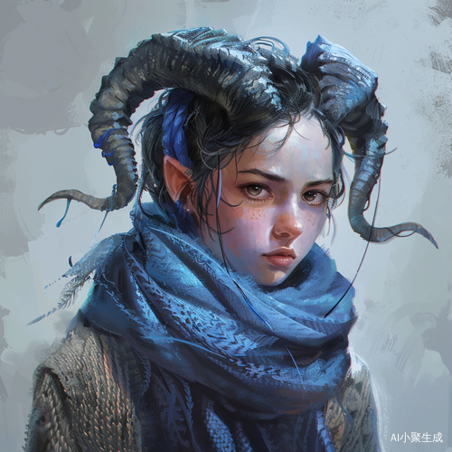 蓝色调Q版形象设计，带围巾和龙角