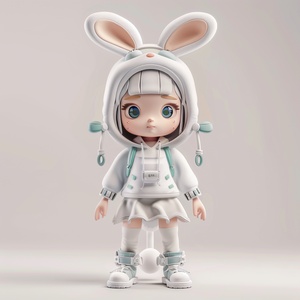 Chinese zodiac, super cute girl wearing rabbit shaped hat, tech elements, stylish clothes, super cute IP by POP MART, hbi, model, blind box toy, fine gloss, clean background, 3drender, OC rendering, best quality, 4K, super detail, front view, POP market toy, studio lighting, front view, standing pose, ar 3:4