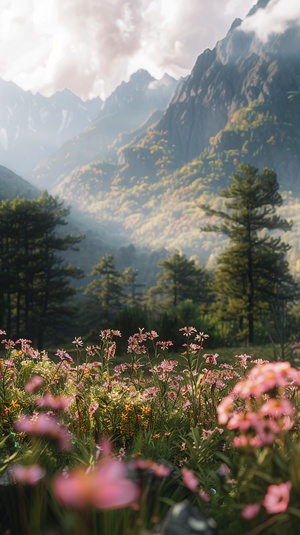 清晨，光打在大山森林里，清幽，梦幻。倍感轻松，高清摄影，野花，背景大山