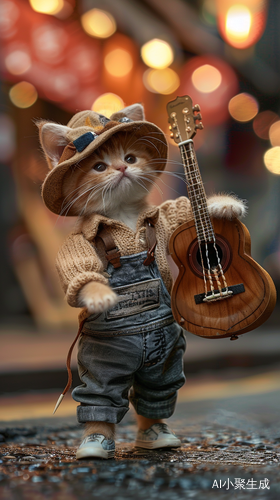 穿着帅气服装的街头小猫弹吉他