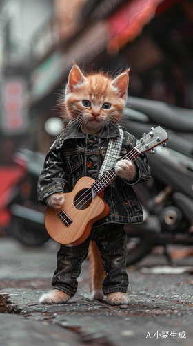 穿着帅气服装的街头小猫弹吉他