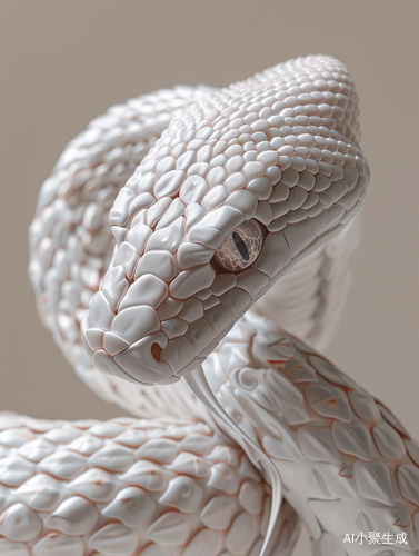 Zoomed in studio shot of a detailed porcelain snake with carbon mechanical parts