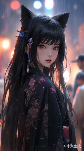 日式美少女在夜晚摇滚赛博街道上