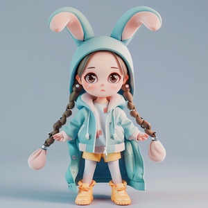 Chinese zodiac, super cute girl wearing rabbit shaped hat, tech elements, stylish clothes, super cute IP by POP MART, hbi, model, blind box toy, fine gloss, clean background, 3drender, OC rendering, best quality, 4K, super detail, front view, POP market toy, studio lighting, front view, standing pose, ar 3:4中国十二生肖，超级可爱的女孩带着兔子造型的帽子，科技元素，时尚的衣服，超级可爱的ip由pop mart，chi bi，模型，盲盒玩具，精细的光泽，干净的背景，3d渲染，oc渲染，最好的质量，4k，超级细节，正面视图，pop市场玩具，工作室照明，站姿🌟