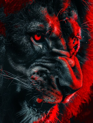 closeup of snarling lion face, black and red fur, photograph, 基础V2