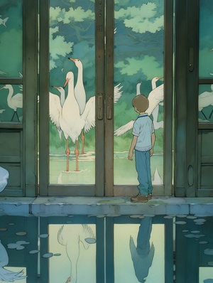 The protagonist stands in the middle of an opendoor with three different doors behind him, andhis two friends stand side by side in theirrespective doorways. There is a green pond at oneend. In the center of the pond stands a boy, with ablue heron flying beside him. Various images areprinted on the wall, Hayao Miyazaki's paintingstyle, 64K ar 3:4 s 800 niji6