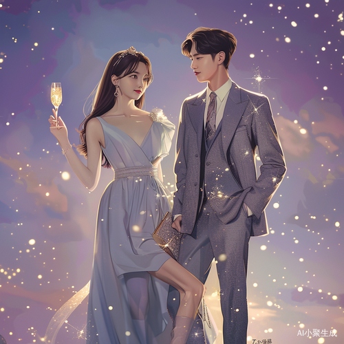 Dreamy Korean Digital Painting: Cute Girl and Handsome Man with Champagne Glasses