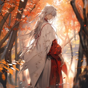 1boy, artist_name, autumn, autumn_leaves, branch, cherry_blossoms, forest, japanese_clothes, kimono, leaf, long_hair, long_sleeves, male_focus, maple_leaf, nature, outdoors, sash, solo, standing, tree, watermark, white_hair, wide_sleeves,