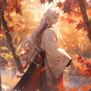 1boy, artist_name, autumn, autumn_leaves, branch, cherry_blossoms, forest, japanese_clothes, kimono, leaf, long_hair, long_sleeves, male_focus, maple_leaf, nature, outdoors, sash, solo, standing, tree, watermark, white_hair, wide_sleeves,