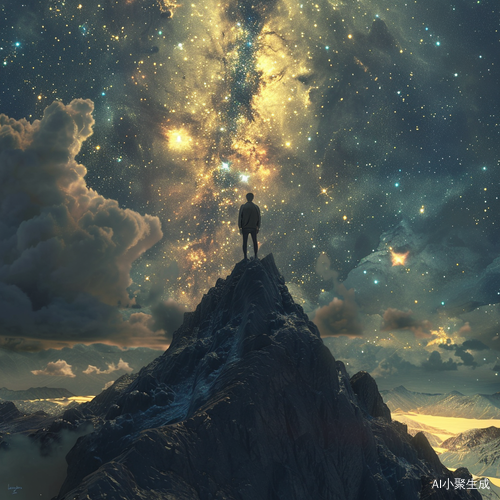 高清星空下独立于山巅的男人
