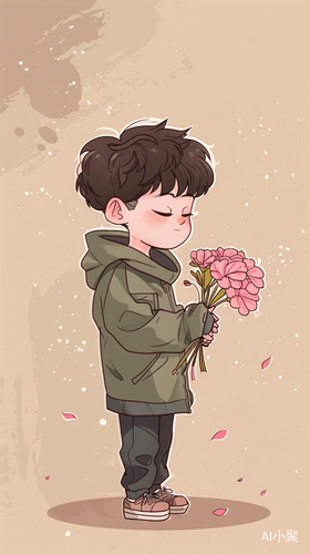 Beautiful Genderless Cartoon Boy Carrying Pink Flower