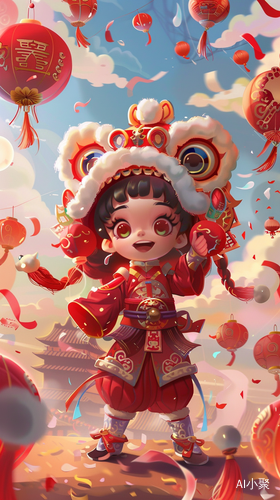 Vibrant Chinese New Year Illustration with Lion Dance