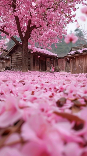 Very beautiful Spring blossoms, a huge peach tree, full of pink peach blossoms. Like the place in the Chinese ancient costume TV series, there is a wooden house under the peach tree, the ground is scattered with a lot of petals, high-definition shooting, fairyland ar 2:3 v 6