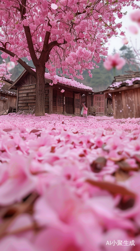 Beautiful Peach Blossoms Under a Wooden House - A Fairyland