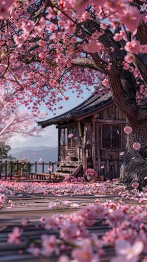 Very beautiful Spring blossoms, a huge peach tree, full of pink peach blossoms. Like the place in the Chinese ancient costume TV series, there is a wooden house under the peach tree, the ground is scattered with a lot of petals, high-definition shooting, fairyland ar 2:3 v 6