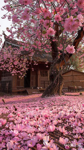 Beautiful Peach Blossoms Under a Wooden House - A Fairyland