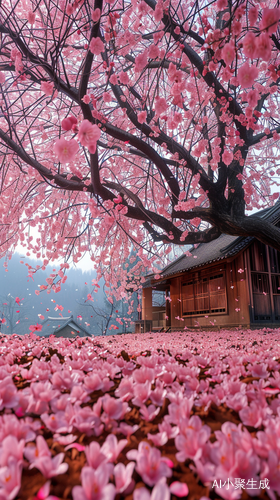Beautiful Peach Blossoms Under a Wooden House - A Fairyland
