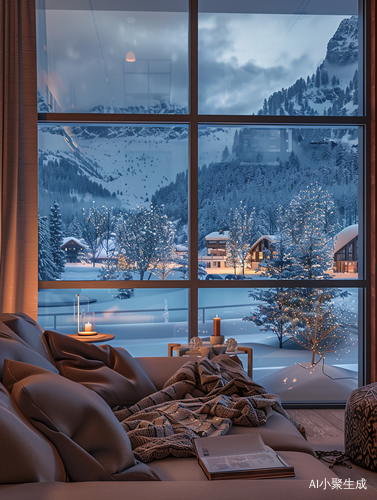 Luxurious Warm Living Room with Snowy Night Window View